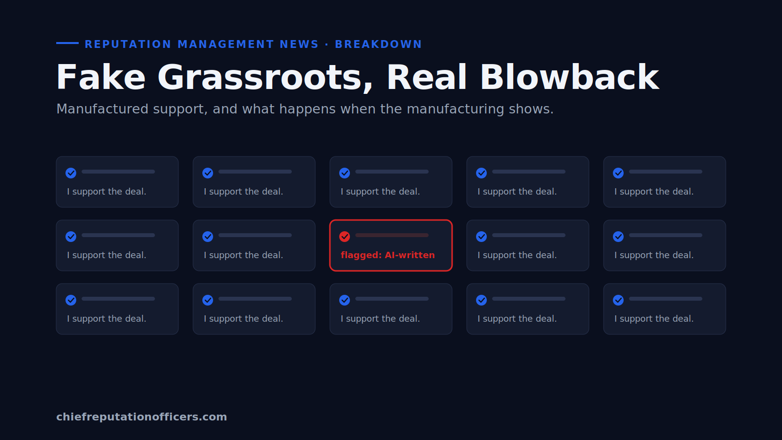 Grid of identical support messages with one flagged as AI-written.