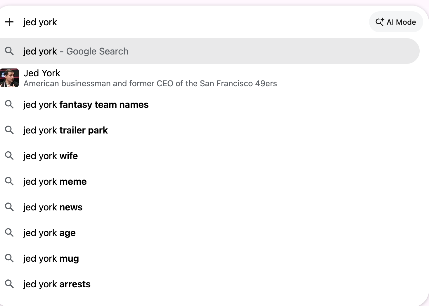 Google autosuggest for "jed york", blending ordinary completions with arrest- and mockery-related ones.