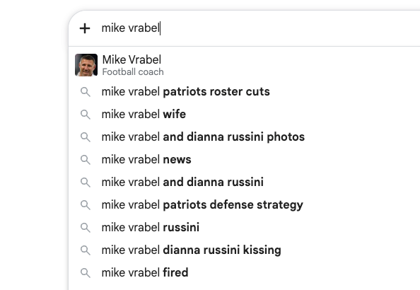 Google autosuggest for "mike vrabel", still dominated by rumor-related completions months after the story.