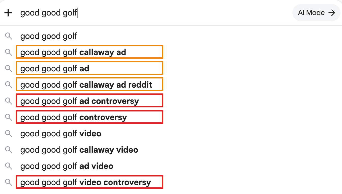 Google autocomplete for "good good golf" suggesting "ad controversy," "controversy," and "video controversy"