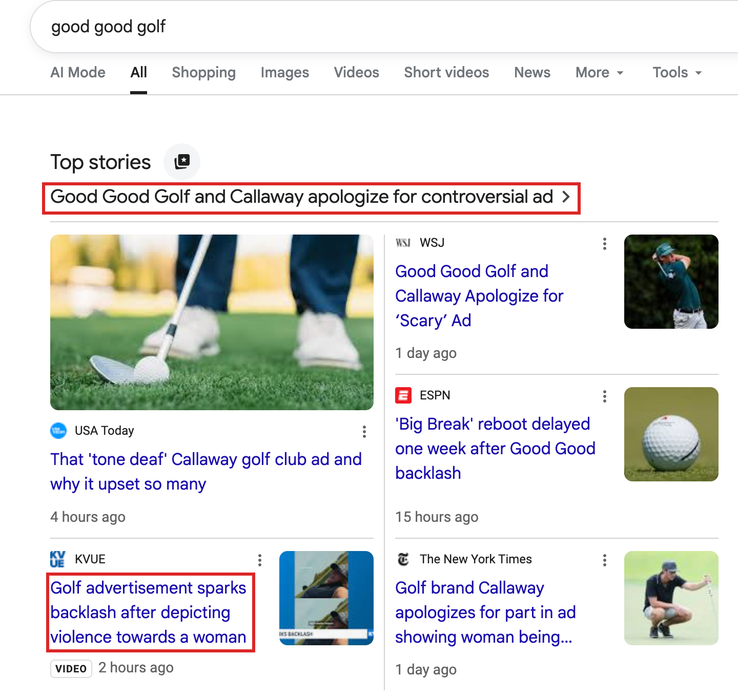 Google Top Stories for "good good golf" led by headlines about the Callaway ad apology and backlash over depicting violence toward a woman